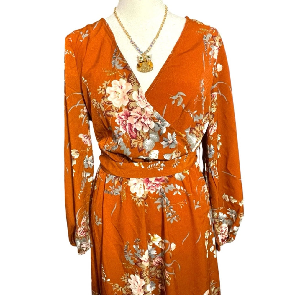 Size S Floerns Women's Wrap V Neck Long Sleeve Belted Floral Print Maxi Dress V - Picture 2 of 6